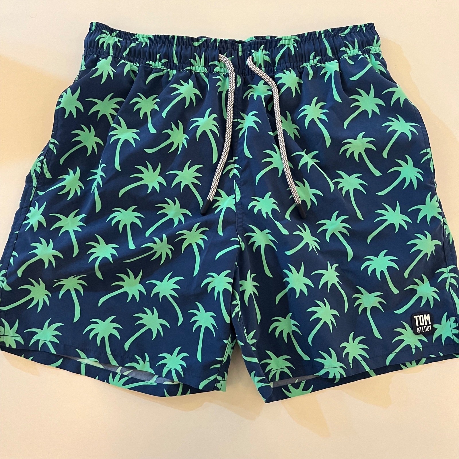 Tom & Teddy Mens Palm Tree Swim Trunks Navy Blue Green Mesh Lining Size M